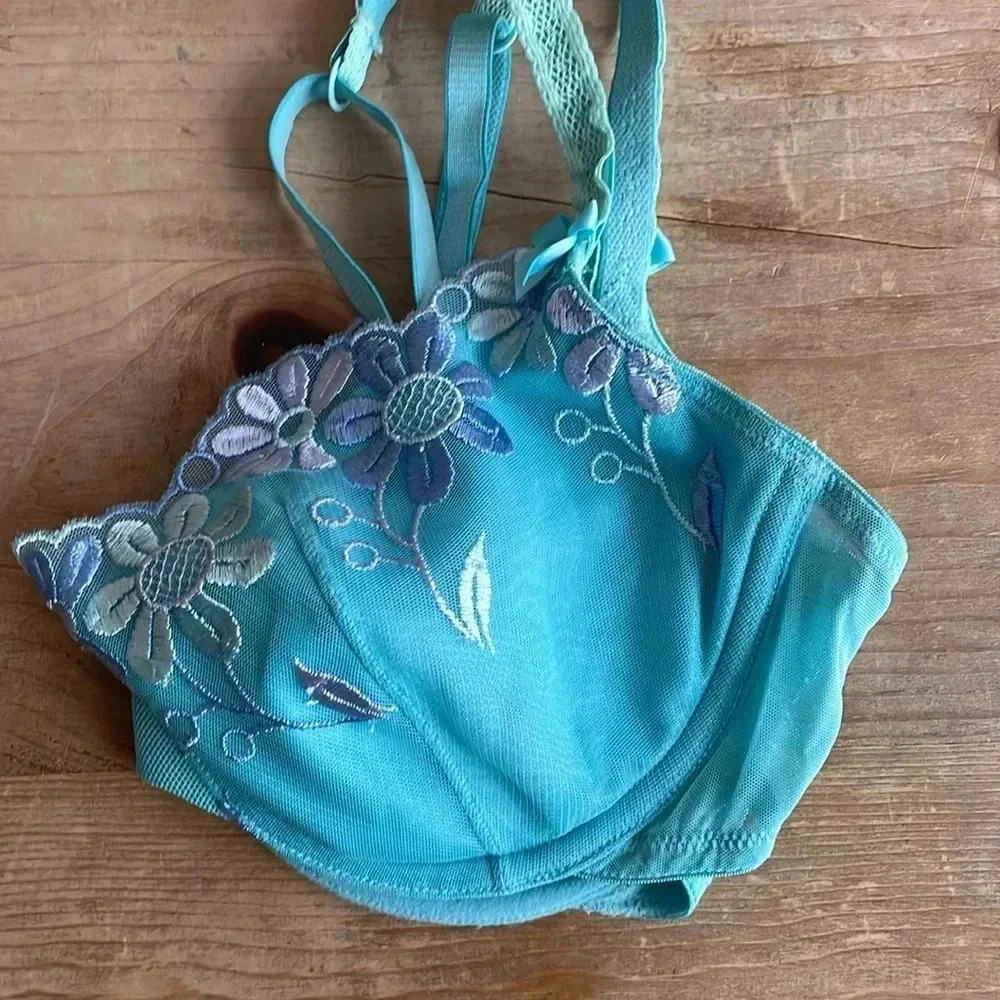 NWOT Victoria's Secret VTG Turquoise Baby Blue Floral Bows Embroidered Demi Bra